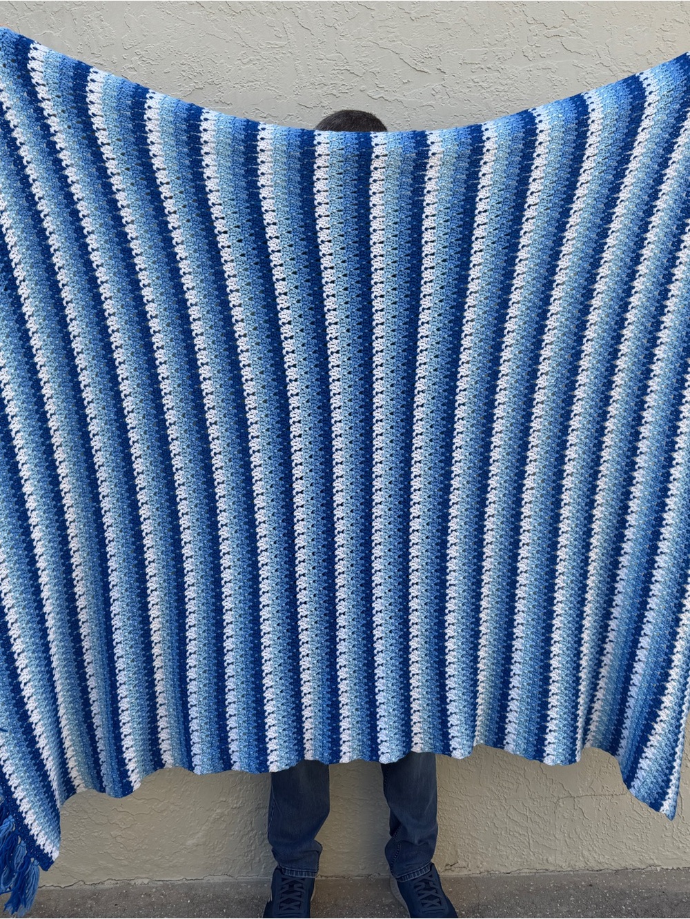 Blue and White Knitted Afghan Blanket